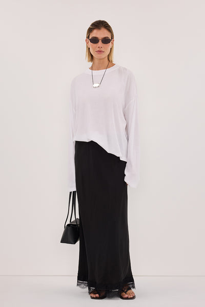 Joanna wearing SLOANE WHITE LONG SLEEVE CREW KNIT TOP