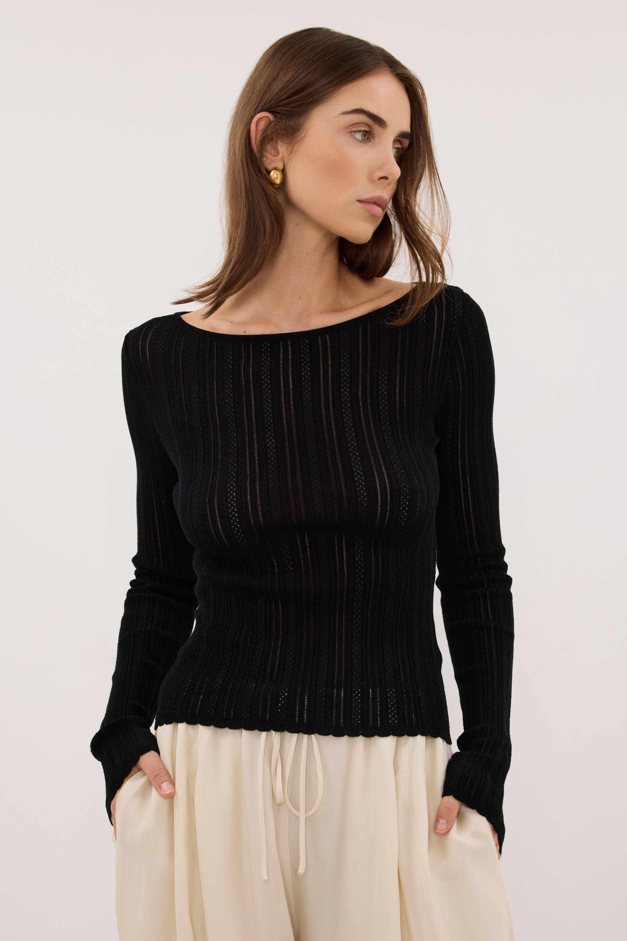 ELENA BLACK POINTELLE LONG SLEEVE KNIT TOP