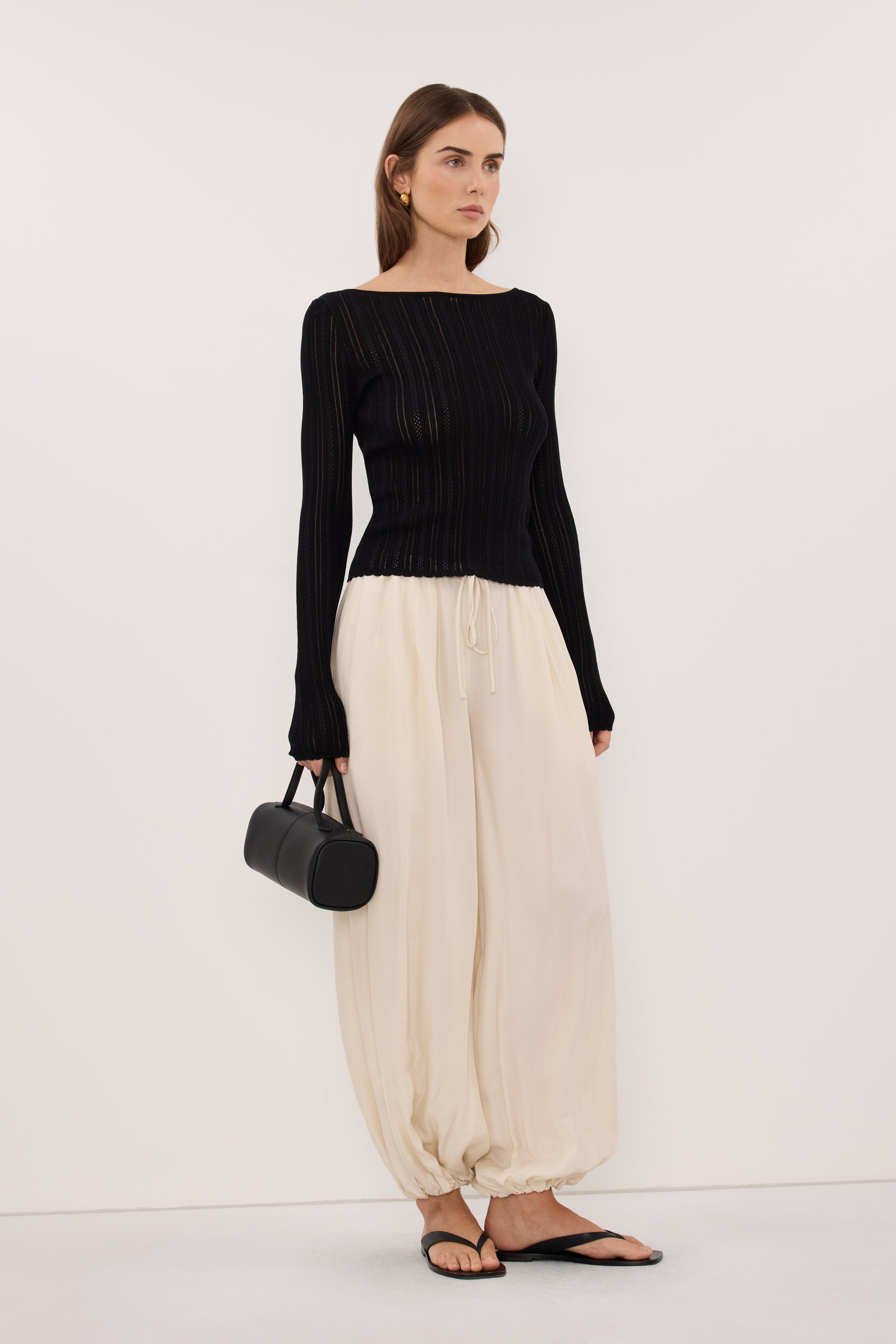 ELENA BLACK POINTELLE LONG SLEEVE KNIT TOP