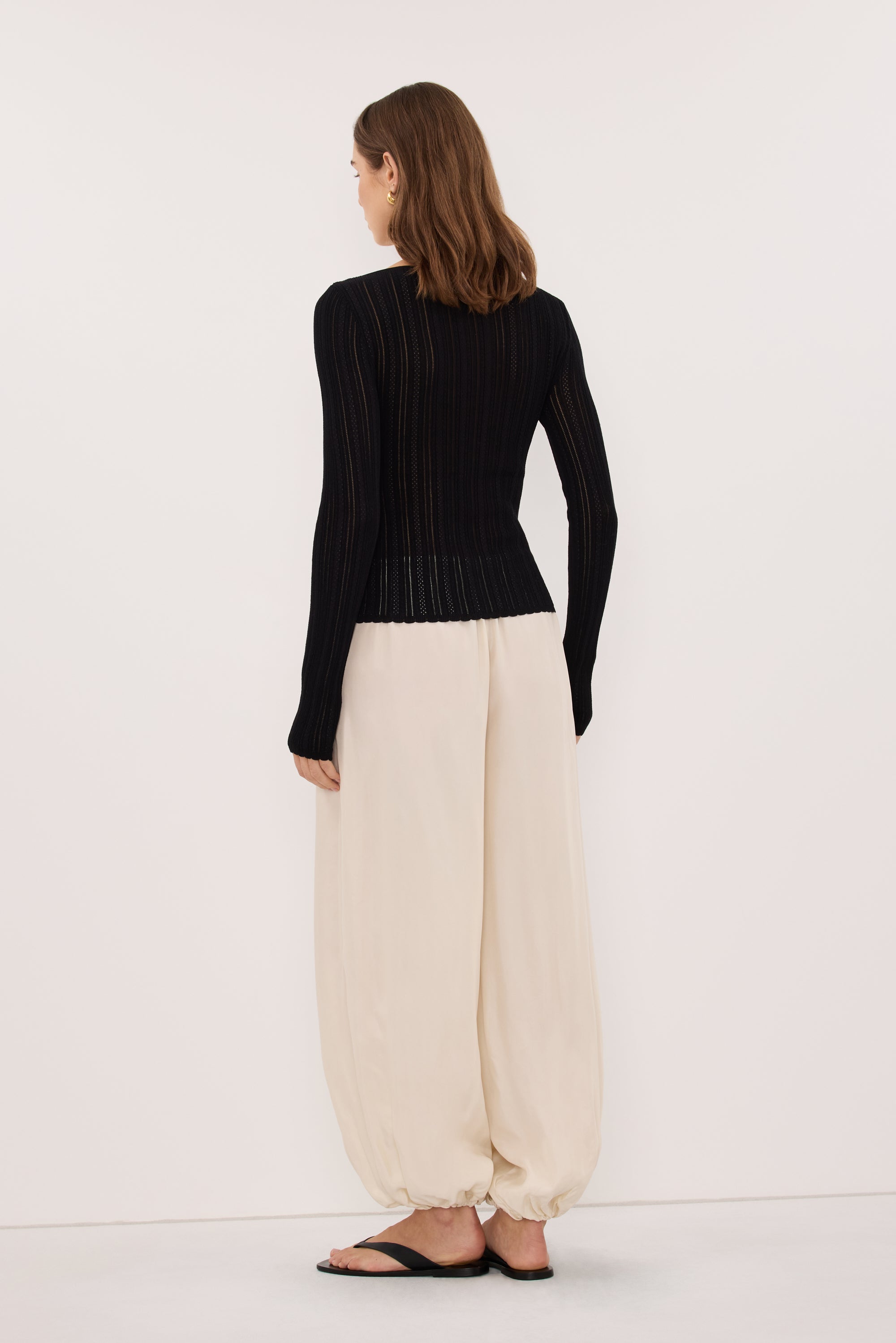 ELENA BLACK POINTELLE LONG SLEEVE KNIT TOP