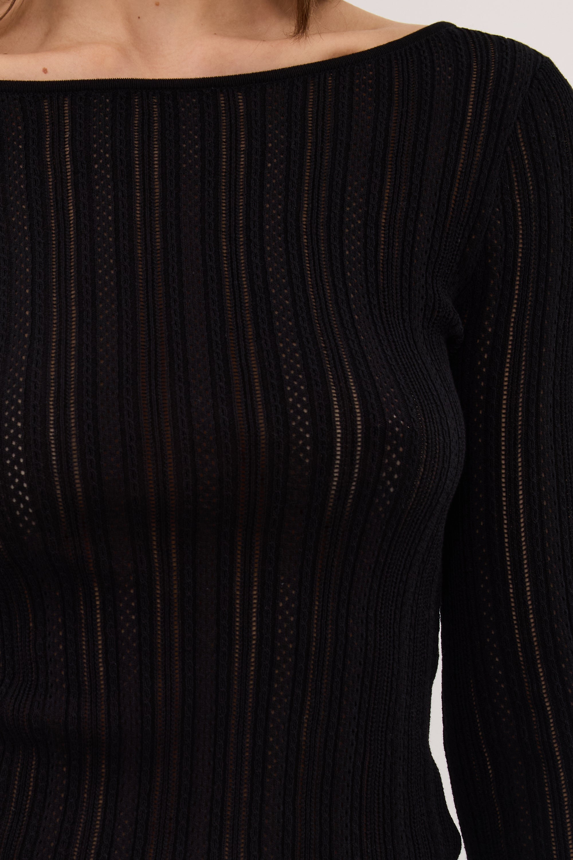 ELENA BLACK POINTELLE LONG SLEEVE KNIT TOP