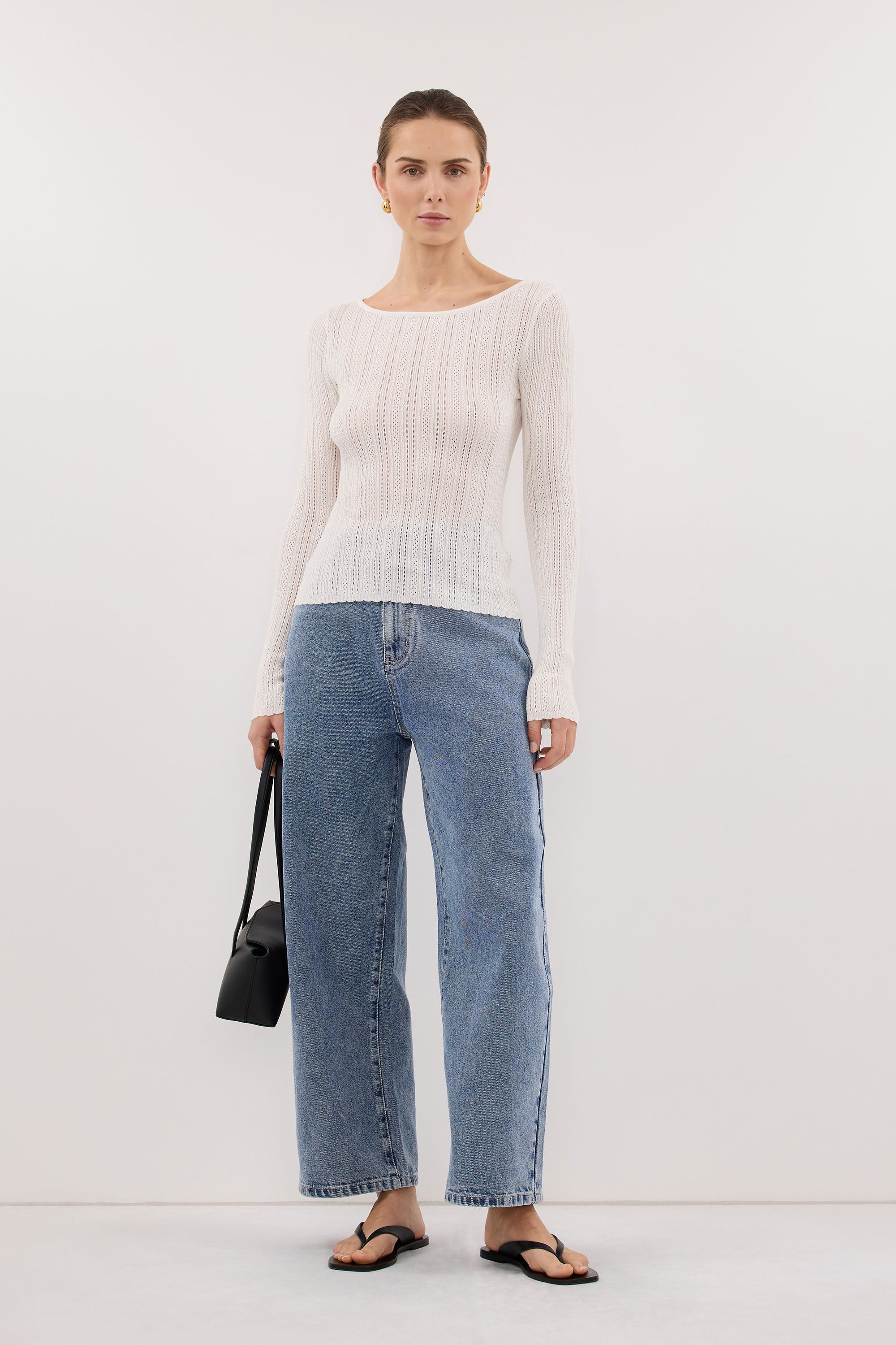 ELENA WHITE POINTELLE LONG SLEEVE KNIT TOP