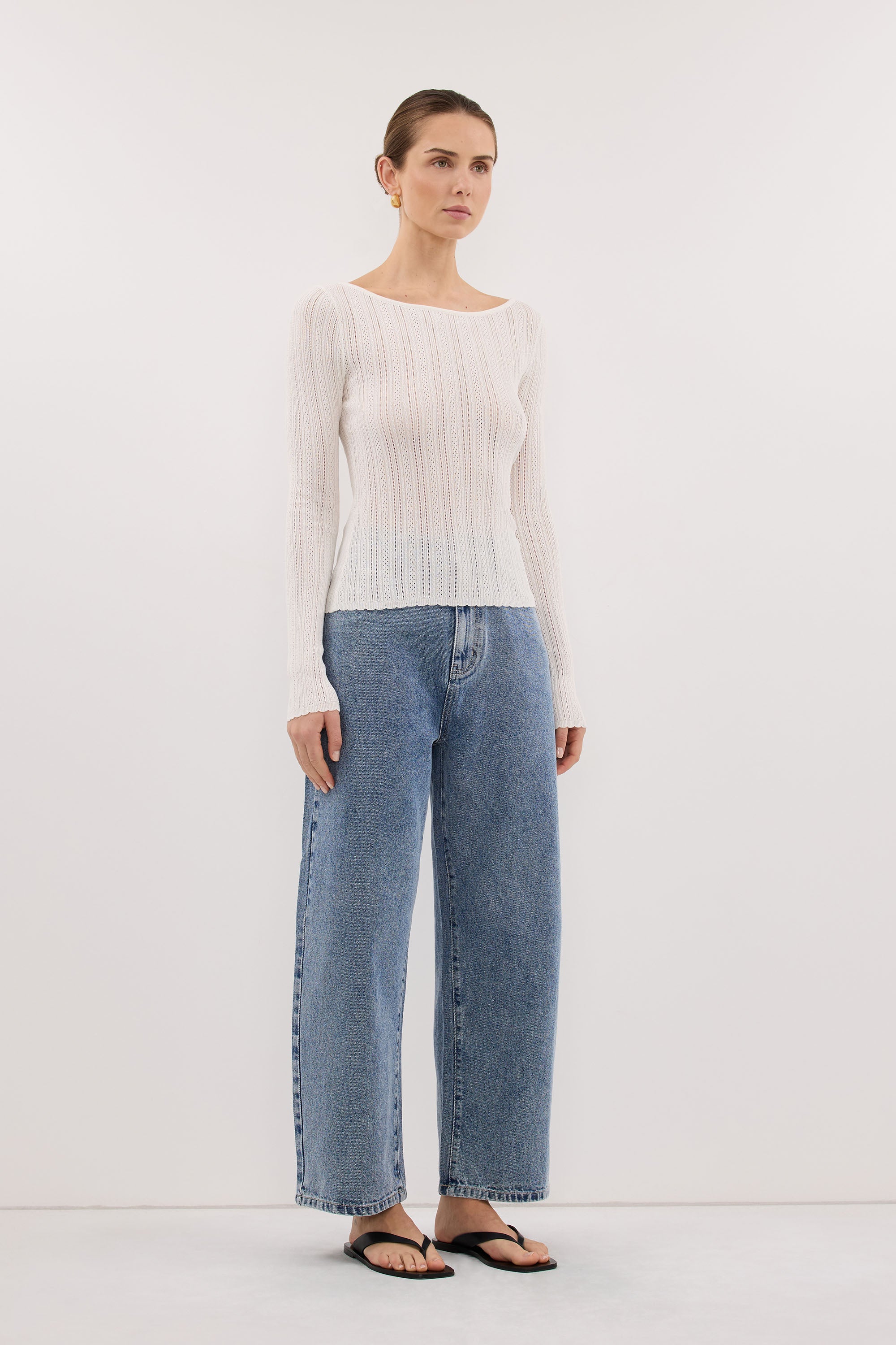 ELENA WHITE POINTELLE LONG SLEEVE KNIT TOP