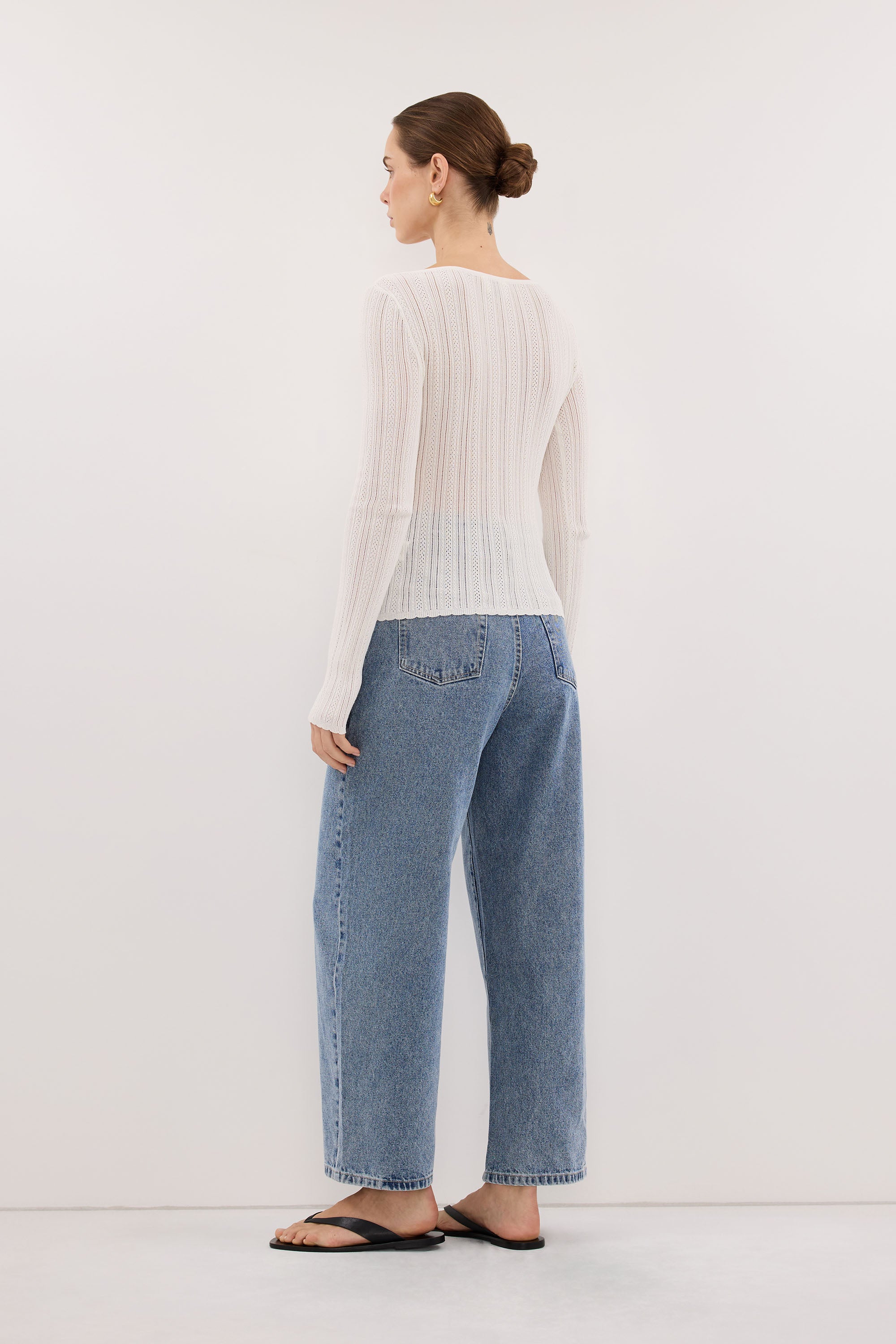 ELENA WHITE POINTELLE LONG SLEEVE KNIT TOP