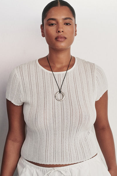 Amanda wearing ELENA WHITE POINTELLE KNIT BABY TEE