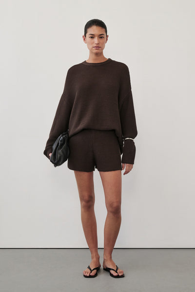 Aude wearing THEA BURNT CHOC COTTON KNIT JUMPER