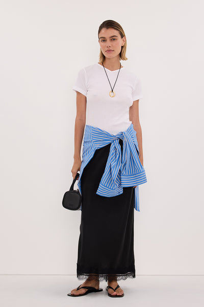 Joanna wearing SLOANE WHITE KNIT BABY TEE
