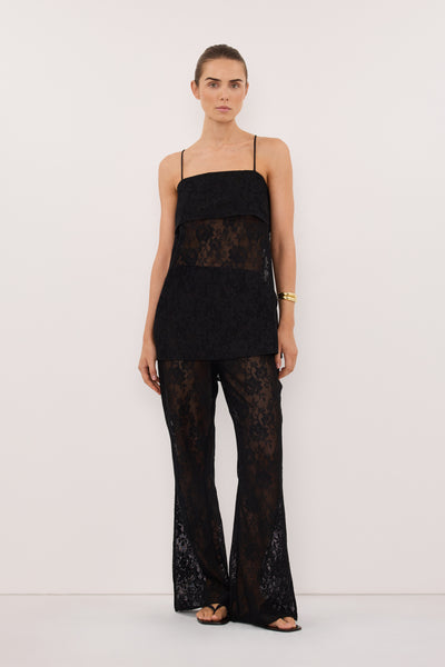 Stas wearing ANYA BLACK LACE WATERFALL TOP