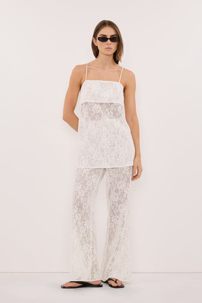 Stas wearing ANYA WHITE LACE WATERFALL TOP
