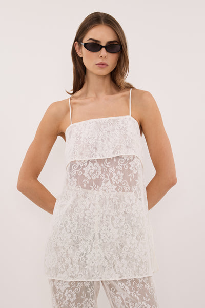 Stas wearing ANYA WHITE LACE WATERFALL TOP