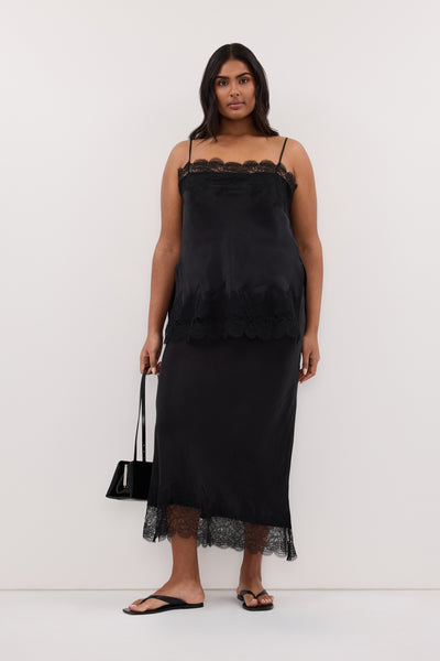Shanaya wearing MINA BLACK CUPRO LACE TOP