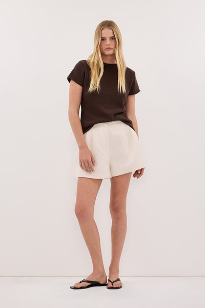 Zoe wearing ORIA BURNT CHOC COTTON BABY TEE