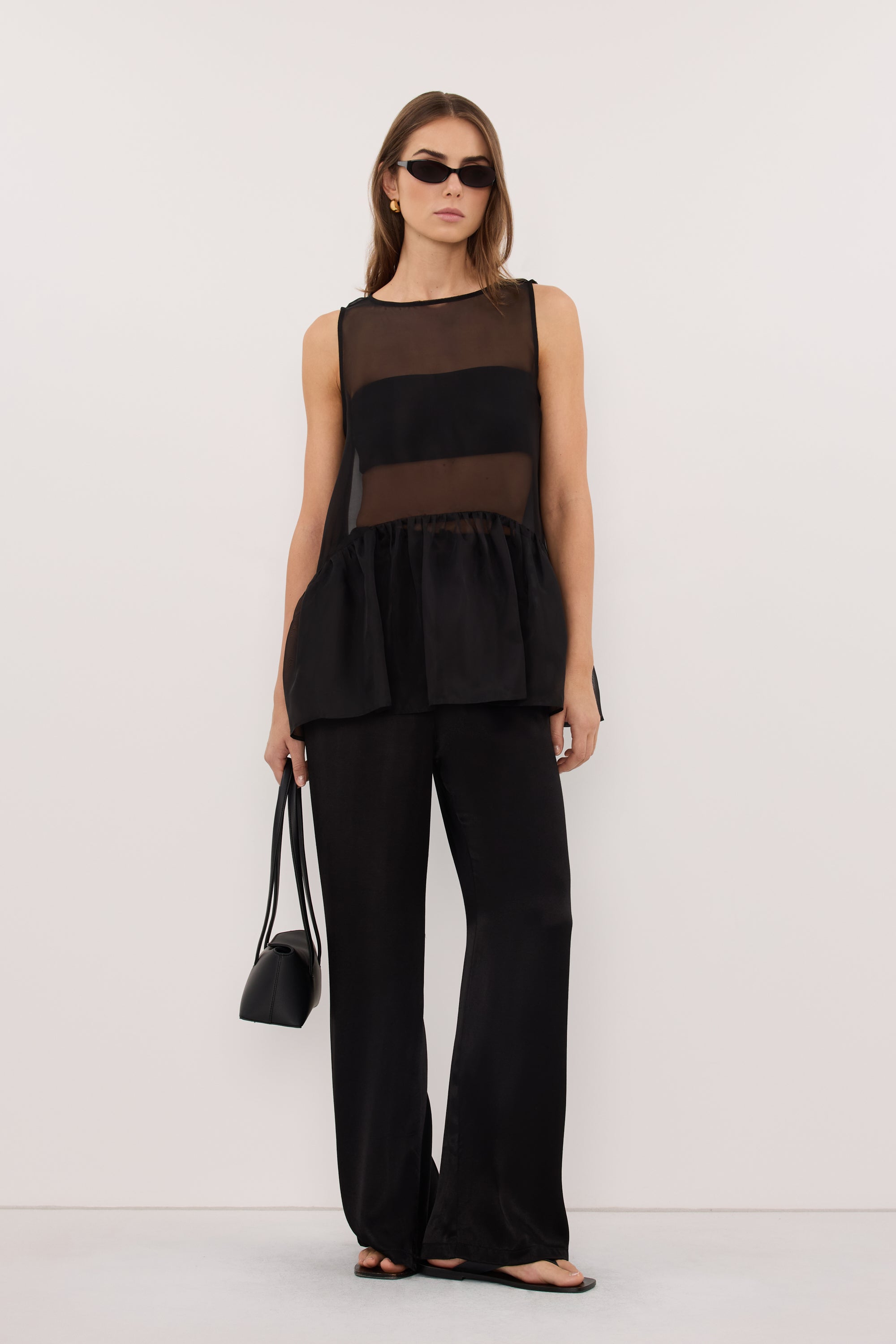 SIAN BLACK SILK ORGANZA DROP WAIST TOP