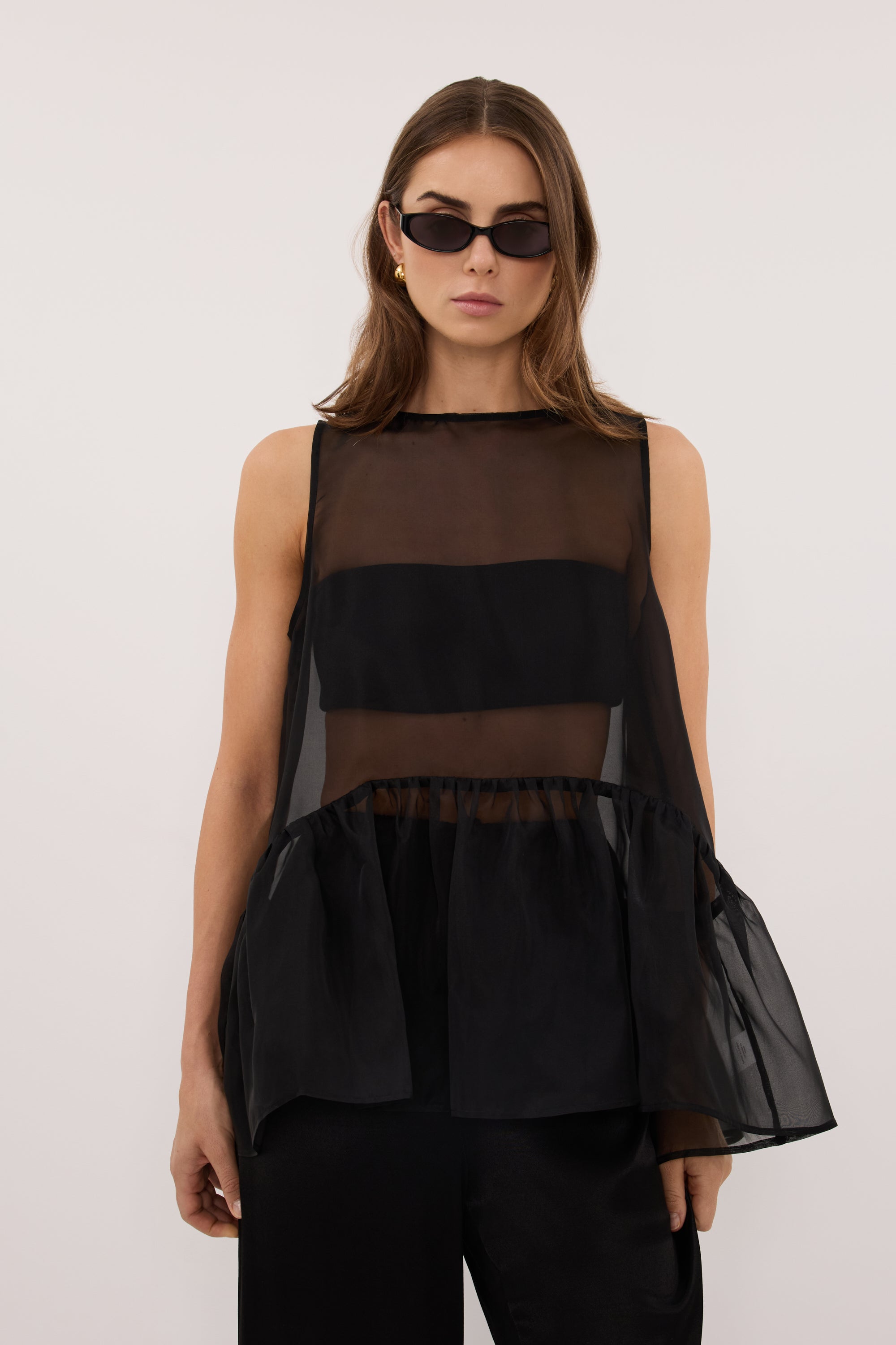SIAN BLACK SILK ORGANZA DROP WAIST TOP