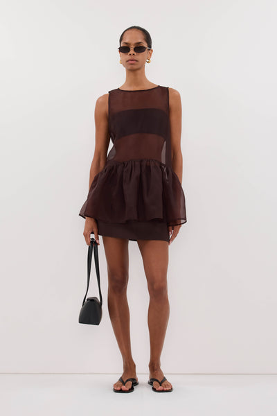 Yulia wearing SIAN DARK CHOC SILK ORGANZA DROP WAIST TOP