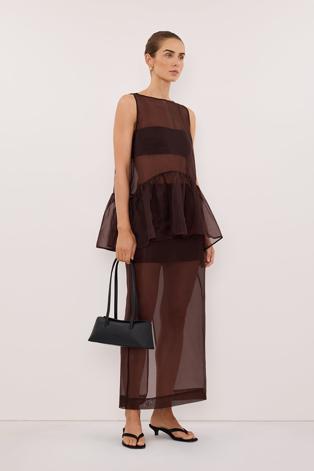 SIAN DARK CHOC SILK ORGANZA DROP WAIST TOP