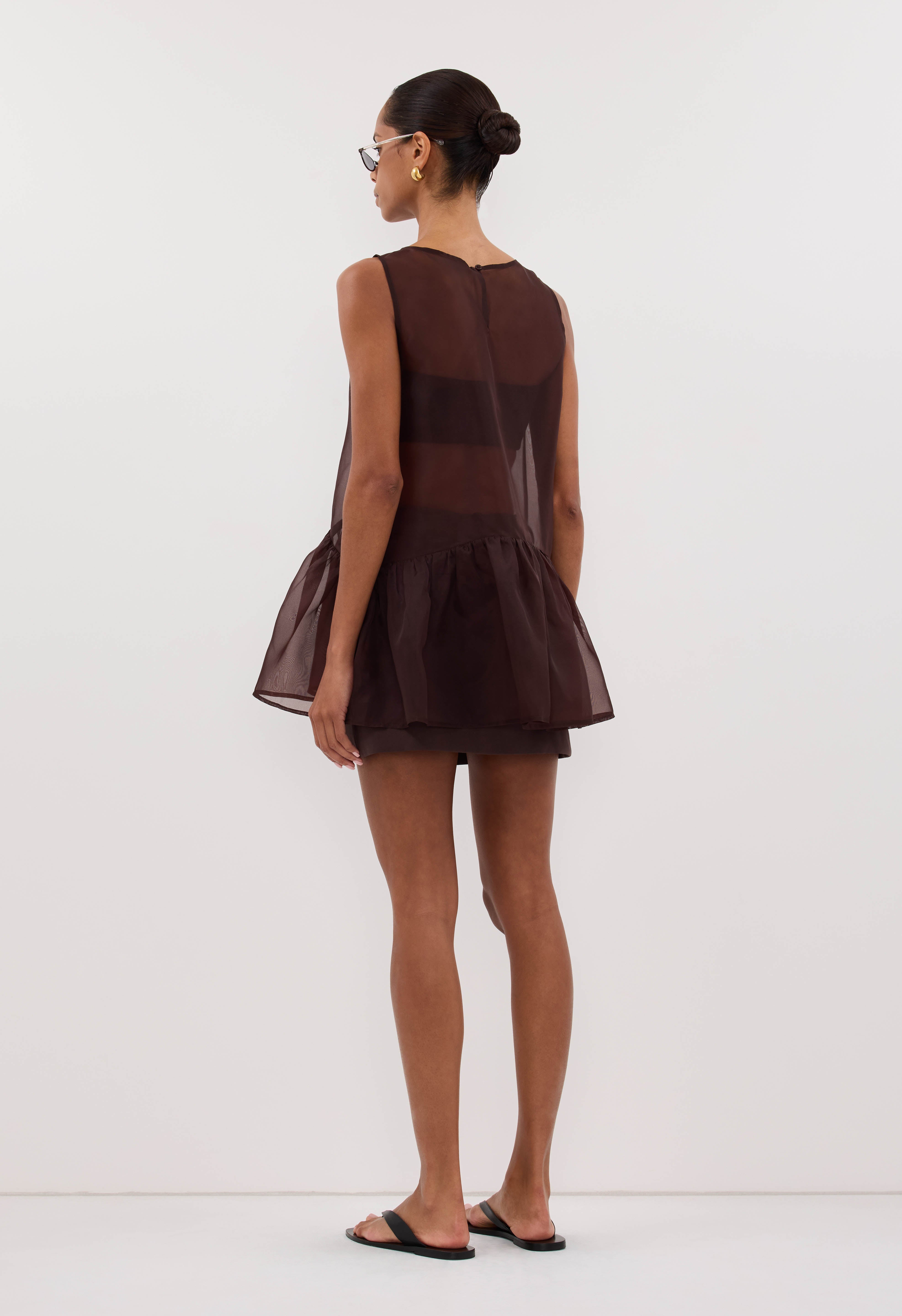 SIAN DARK CHOC SILK ORGANZA DROP WAIST TOP