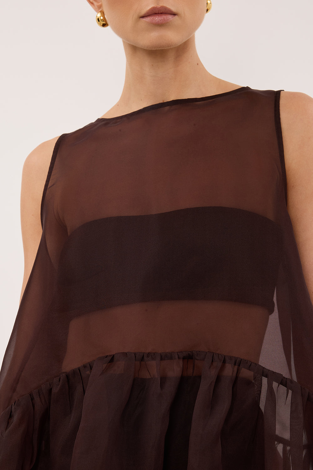 SIAN DARK CHOC SILK ORGANZA DROP WAIST TOP