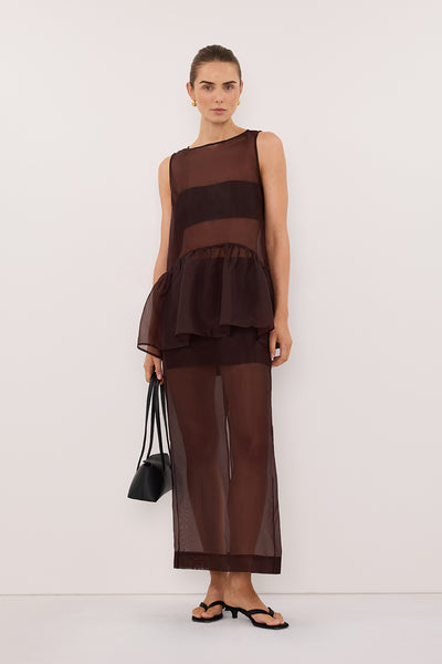 Stas wearing SIAN DARK CHOC SILK ORGANZA DROP WAIST TOP