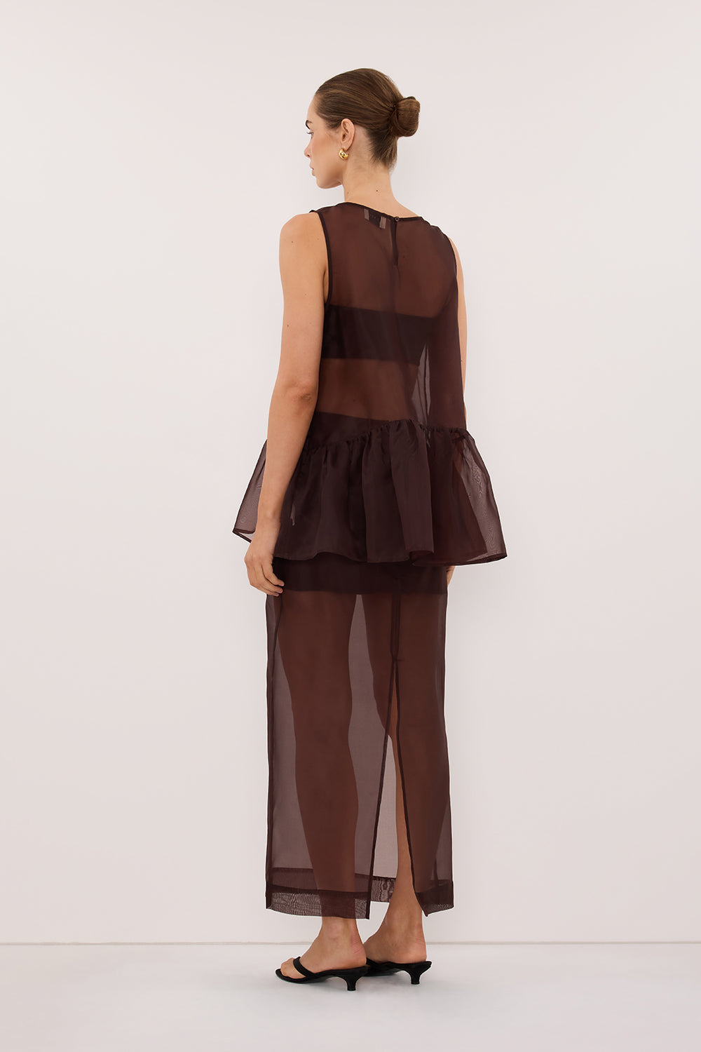 SIAN DARK CHOC SILK ORGANZA DROP WAIST TOP