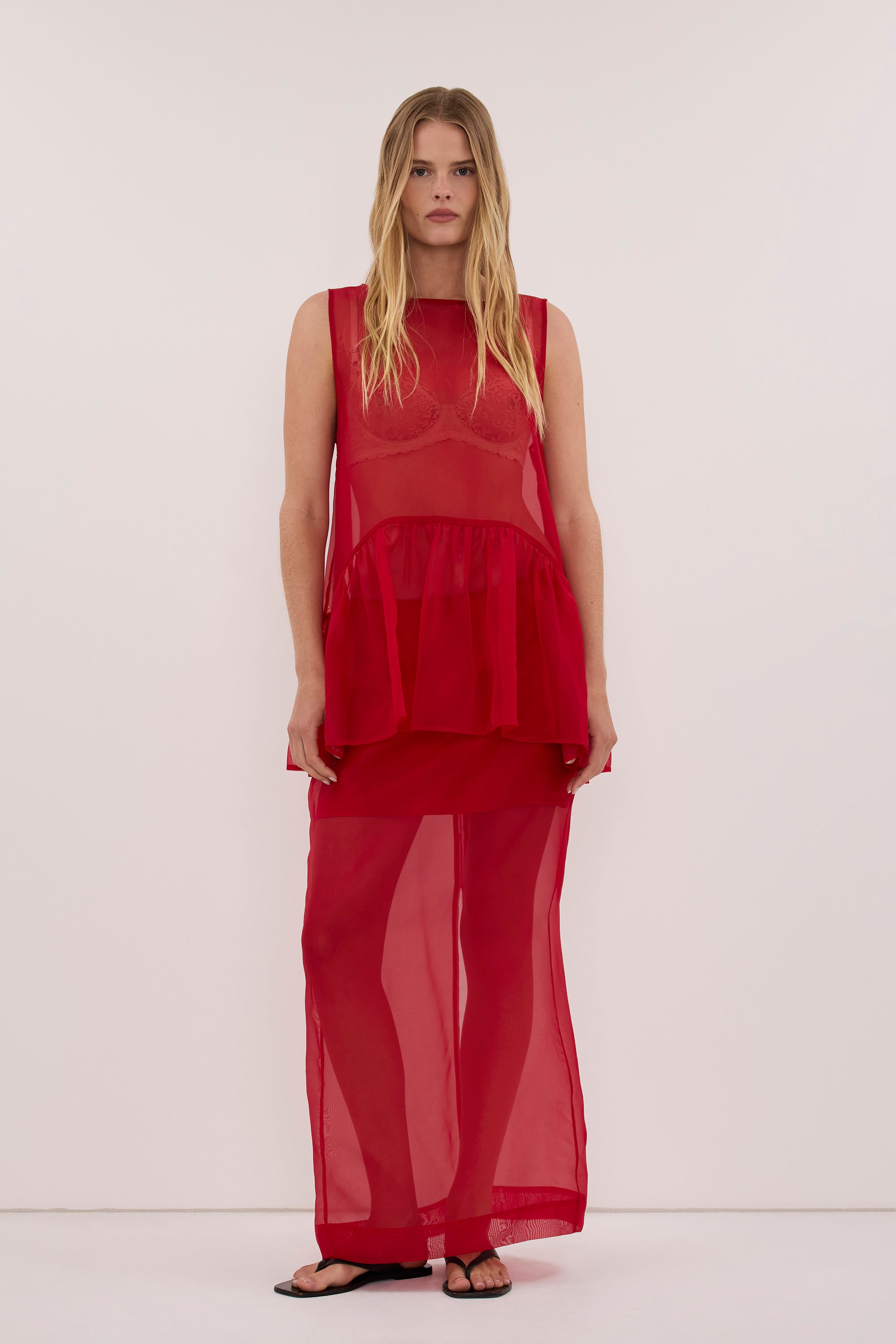 SIAN RED SILK ORGANZA DROP WAIST TOP - PRE ORDER