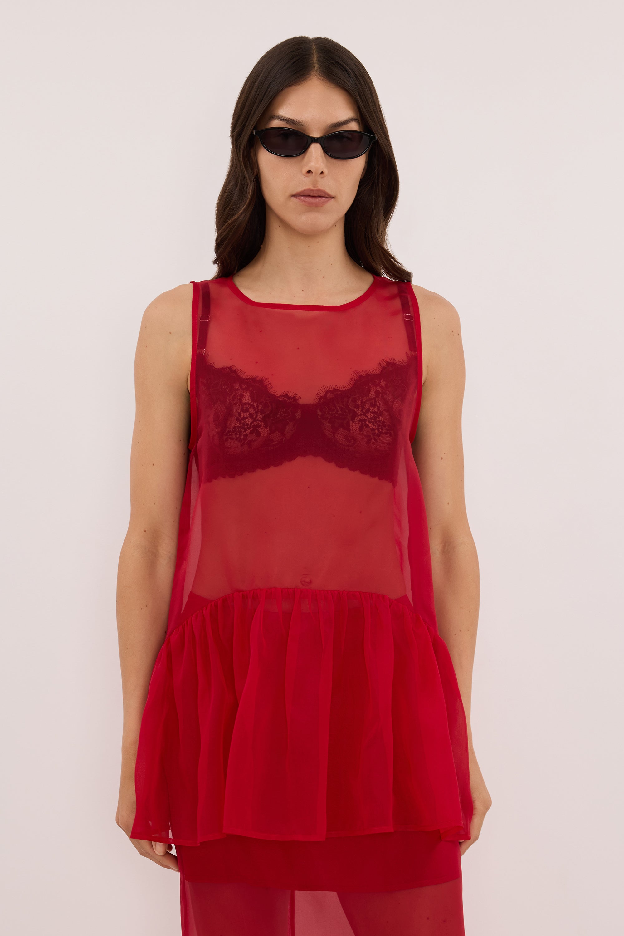 SIAN RED SILK ORGANZA DROP WAIST TOP