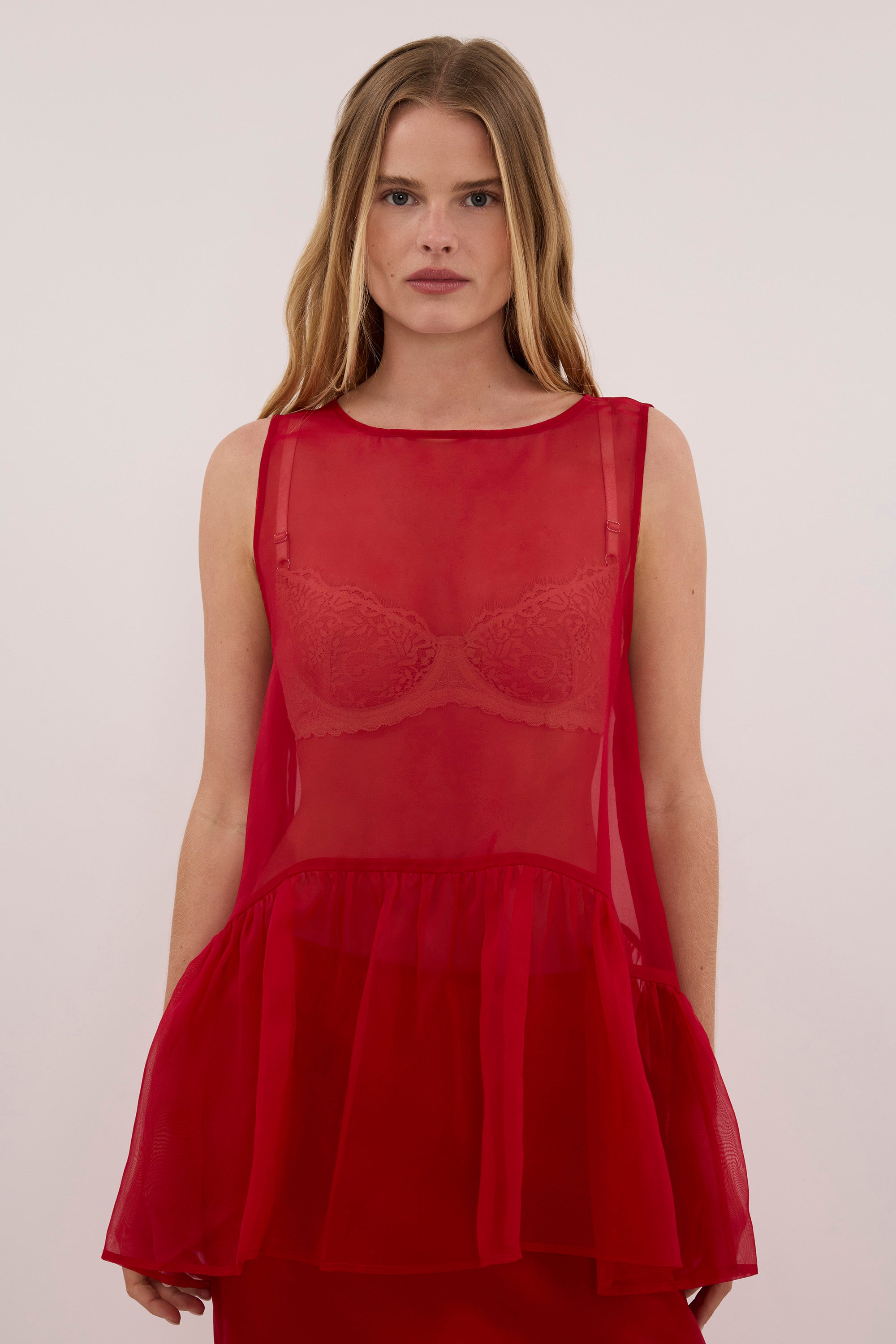 SIAN RED SILK ORGANZA DROP WAIST TOP - PRE ORDER