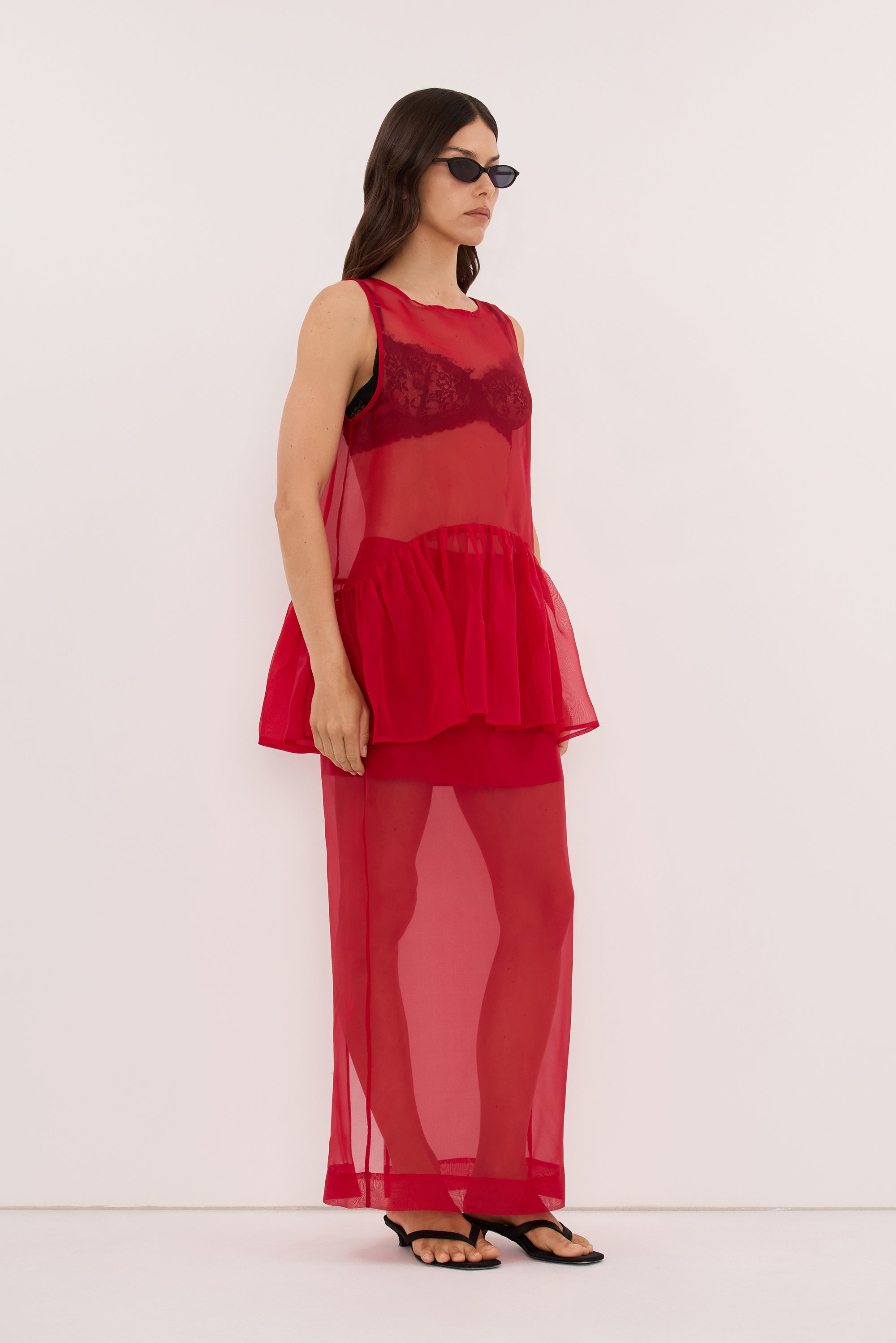 SIAN RED SILK ORGANZA DROP WAIST TOP