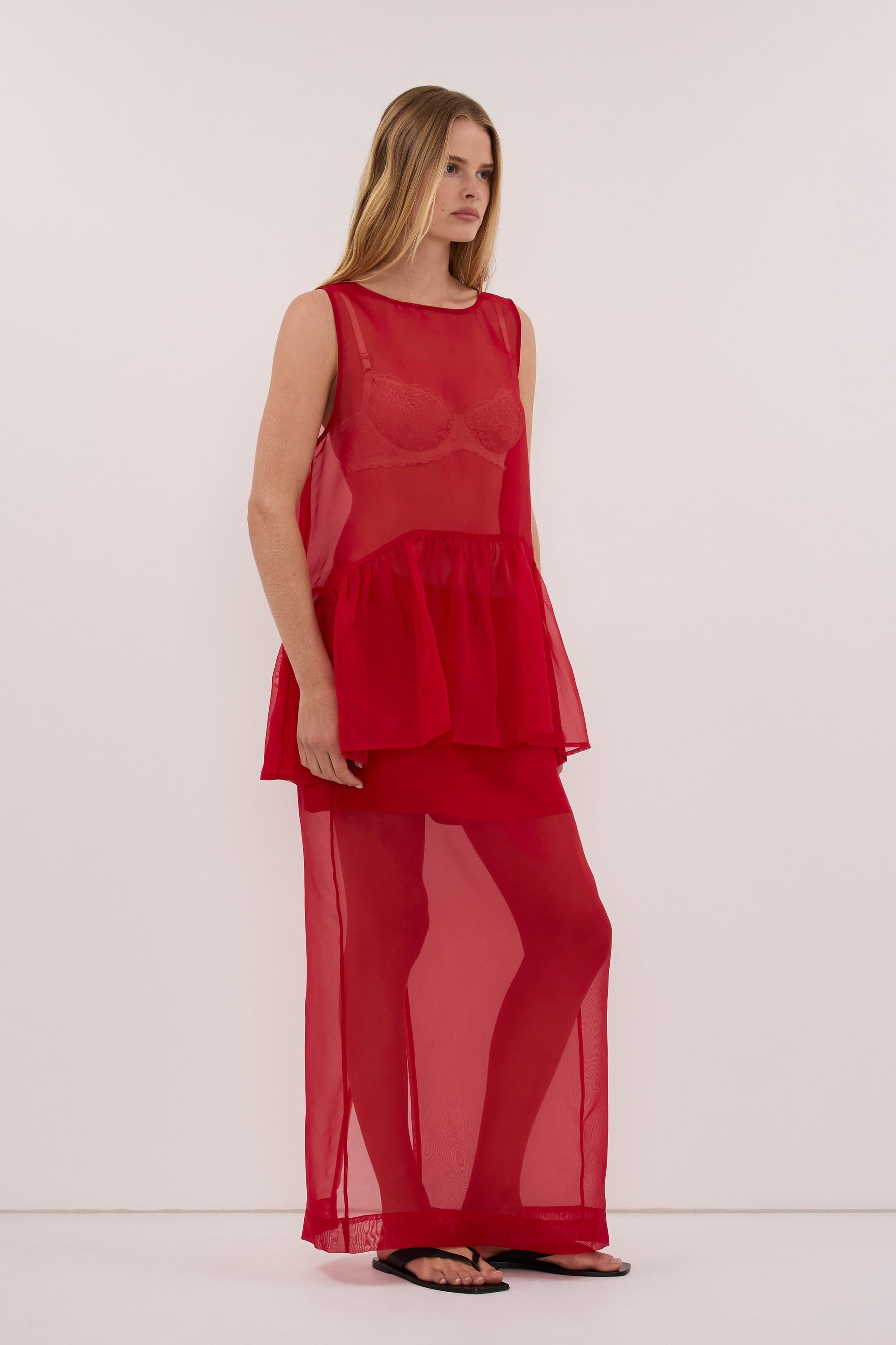 SIAN RED SILK ORGANZA DROP WAIST TOP - PRE ORDER