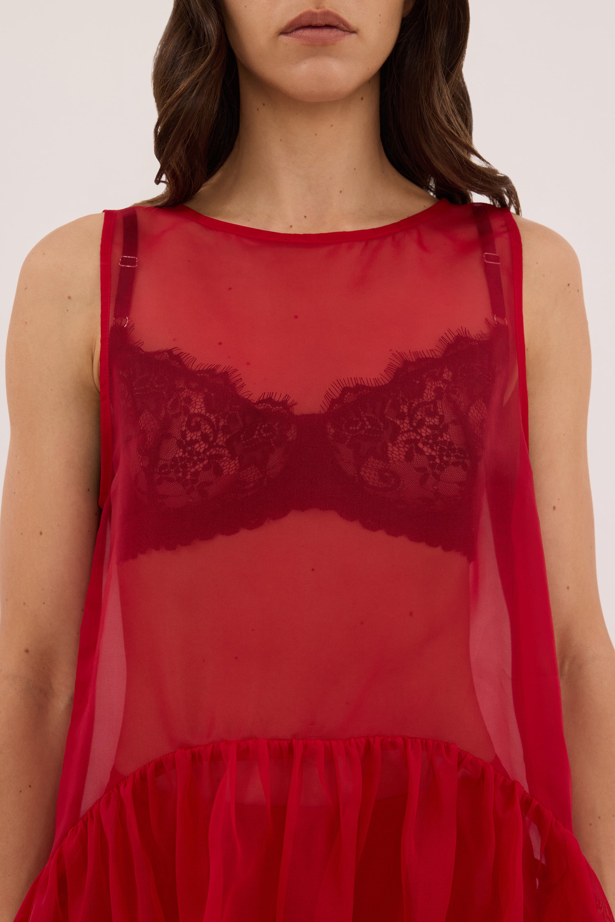 SIAN RED SILK ORGANZA DROP WAIST TOP