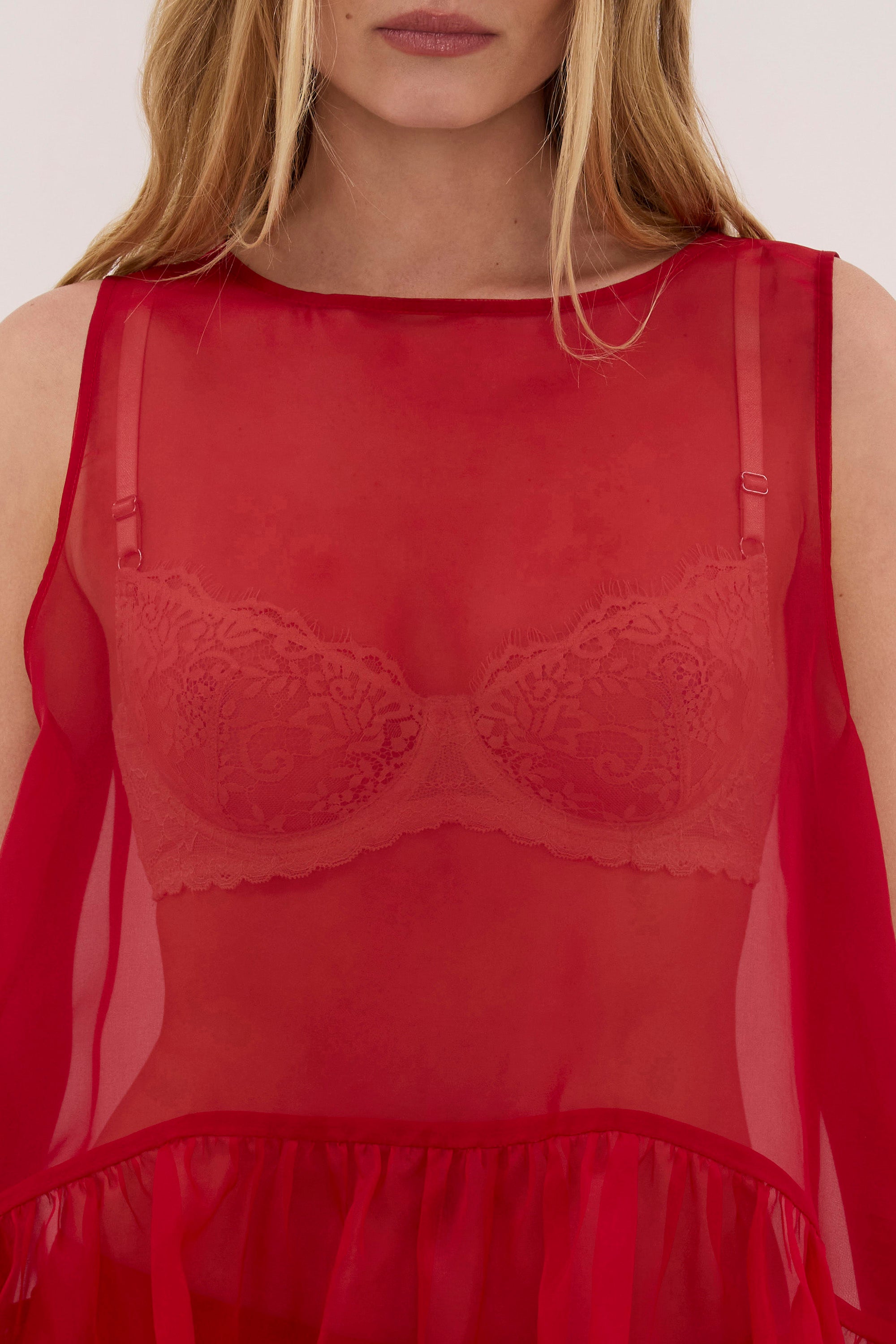 SIAN RED SILK ORGANZA DROP WAIST TOP - PRE ORDER