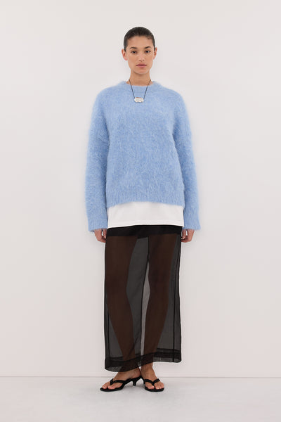Aude wearing SALMA DUSTY BLUE CREW NECK KNIT JUMPER