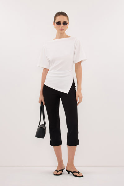 Stas wearing SWANN WHITE ASYM BOAT NECK TEE