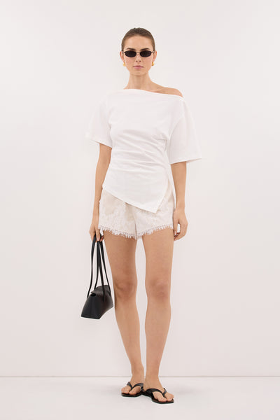 Stas wearing SWANN WHITE ASYM BOAT NECK TEE