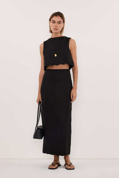 Joanna wearing LELA BLACK LINEN CROP TOP