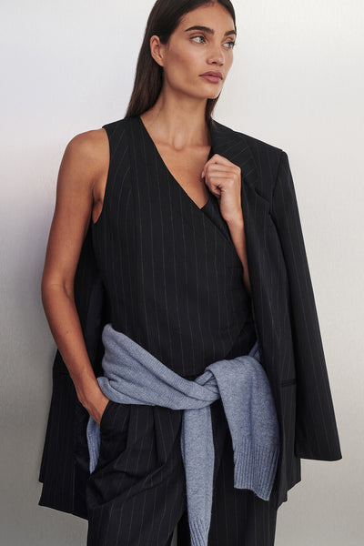 Holly wearing SIAN INK PINSTRIPE ASYM VEST