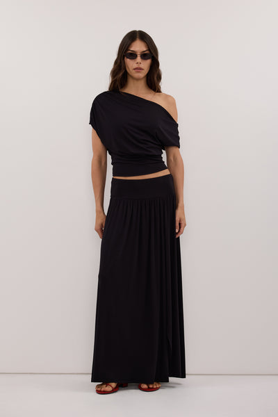 Helena wearing ELSIE BLACK ASYM OFF SHOULDER TOP
