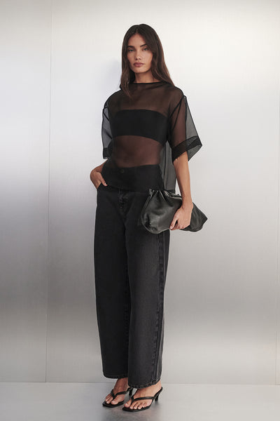 Holly wearing SIAN BLACK SILK ORGANZA TEE