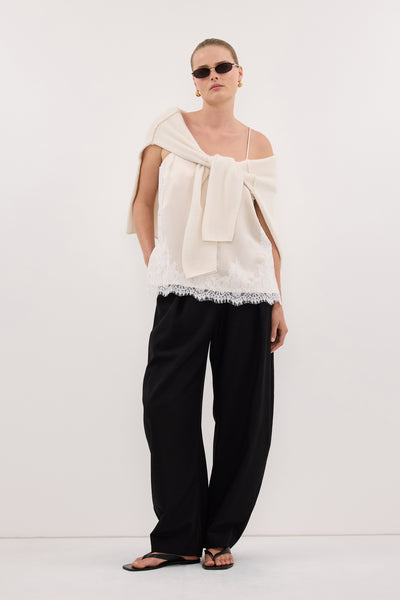 Zoe wearing SELENE OYSTER SATIN CAMI