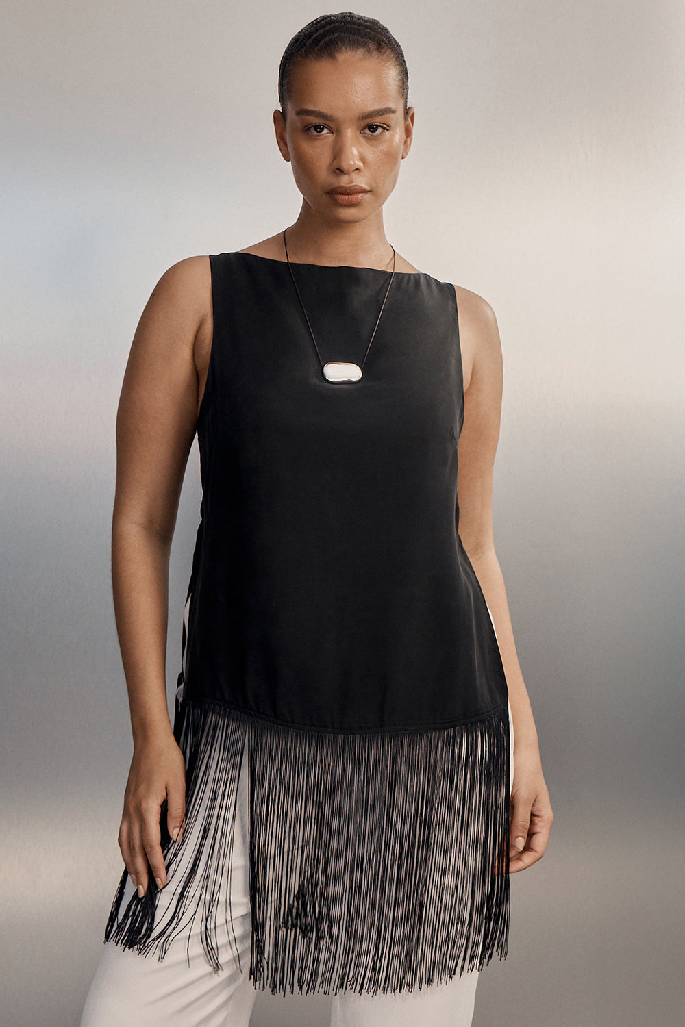 FIORA BLACK CUPRO FRINGE TOP – DISSH