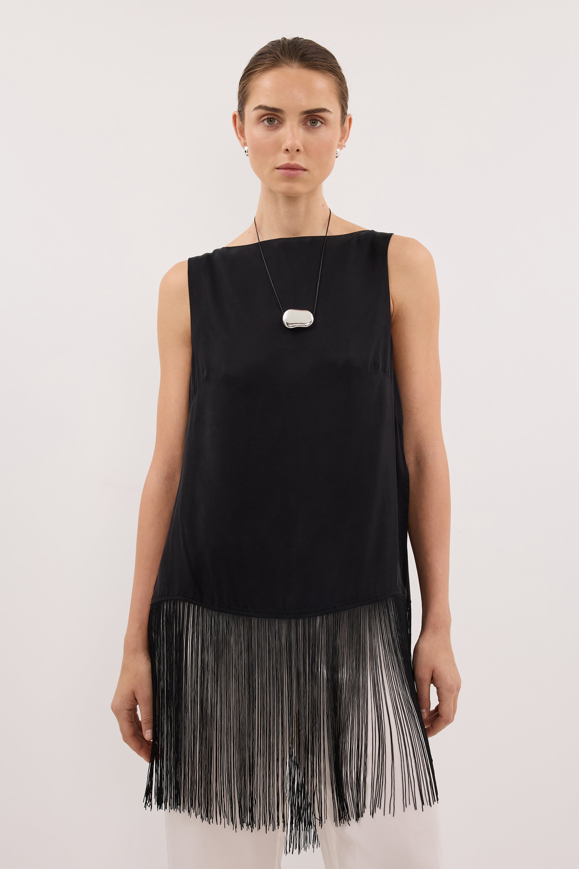 FIORA BLACK CUPRO FRINGE TOP – DISSH
