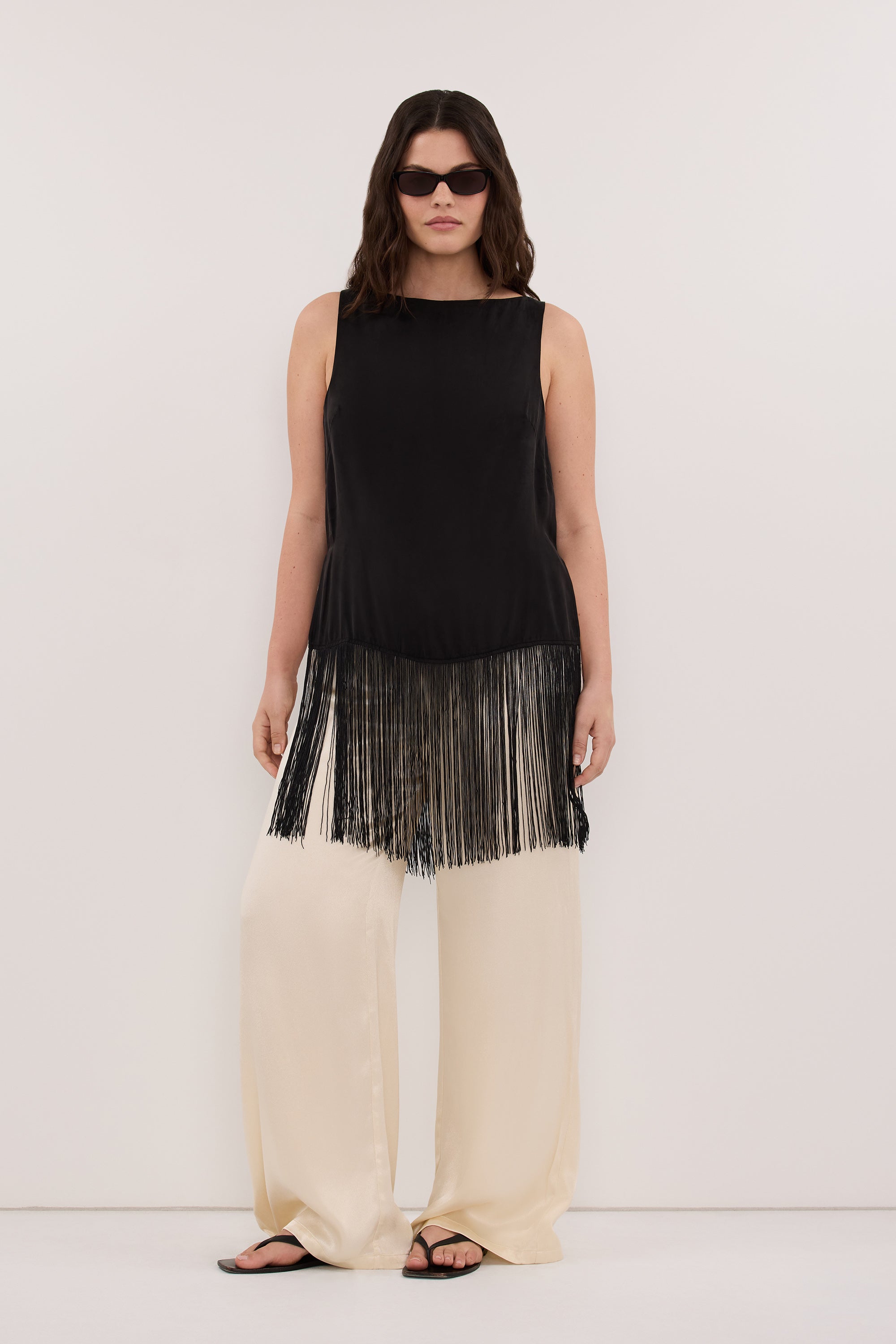 FIORA BLACK CUPRO FRINGE TOP – DISSH