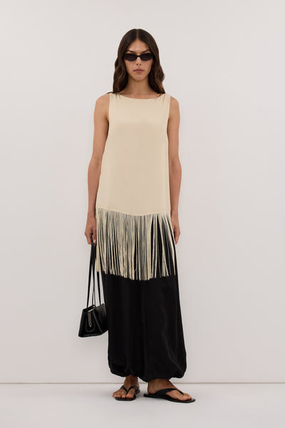 Helena  wearing FIORA STRAW CUPRO FRINGE TOP - PRE ORDER