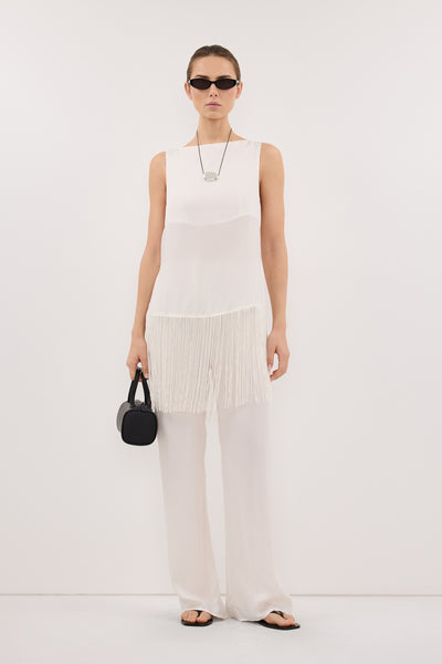 Stas wearing FIORA WHITE CUPRO FRINGE TOP