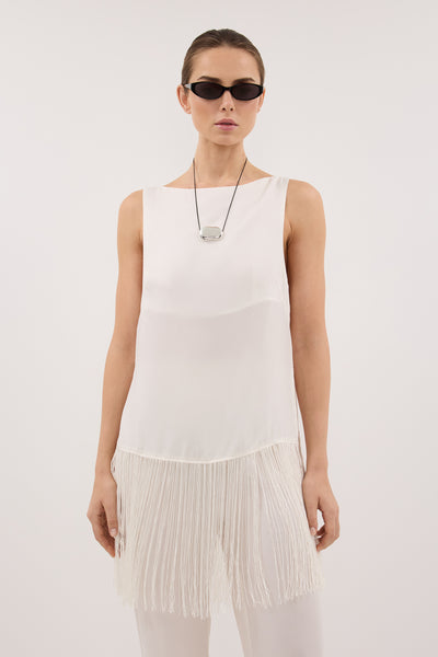 Stas wearing FIORA WHITE CUPRO FRINGE TOP