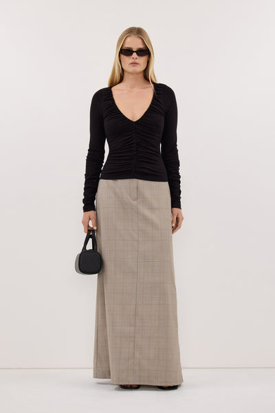 Zoe wearing LORNE BLACK V NECK GATHERED TOP