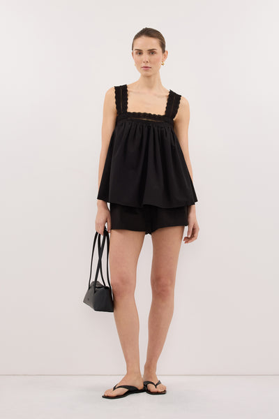 Stas wearing MIRANDA BLACK LACE TRIM TOP
