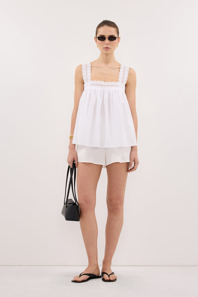 Stas wearing MIRANDA WHITE LACE TRIM TOP
