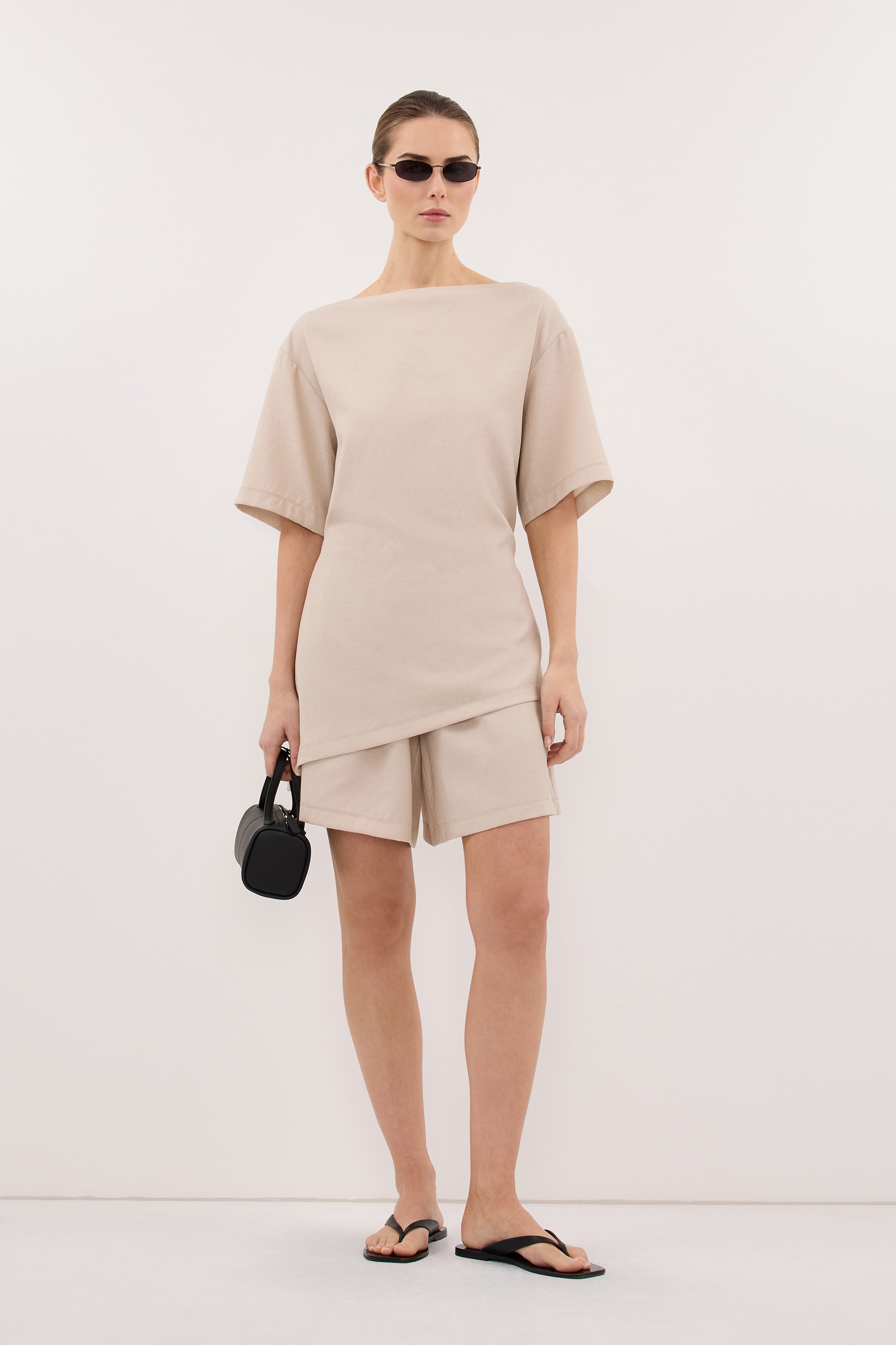 CALIA BONE BOAT NECK SLEEVED TOP