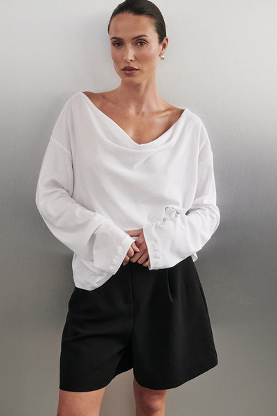 Casey wearing ORELIA WHITE COWL NECK SLEEVED TOP